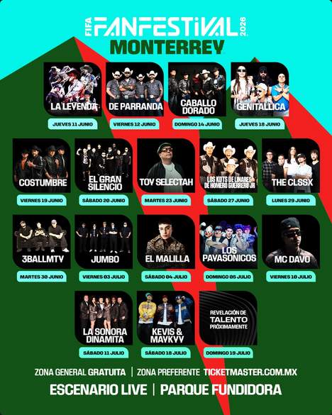Artistas confirmados FIFA Fan Festival Monterrey 2026 - Imagine Dragons, Enrique Iglesias, Chayanne, Grupo Firme